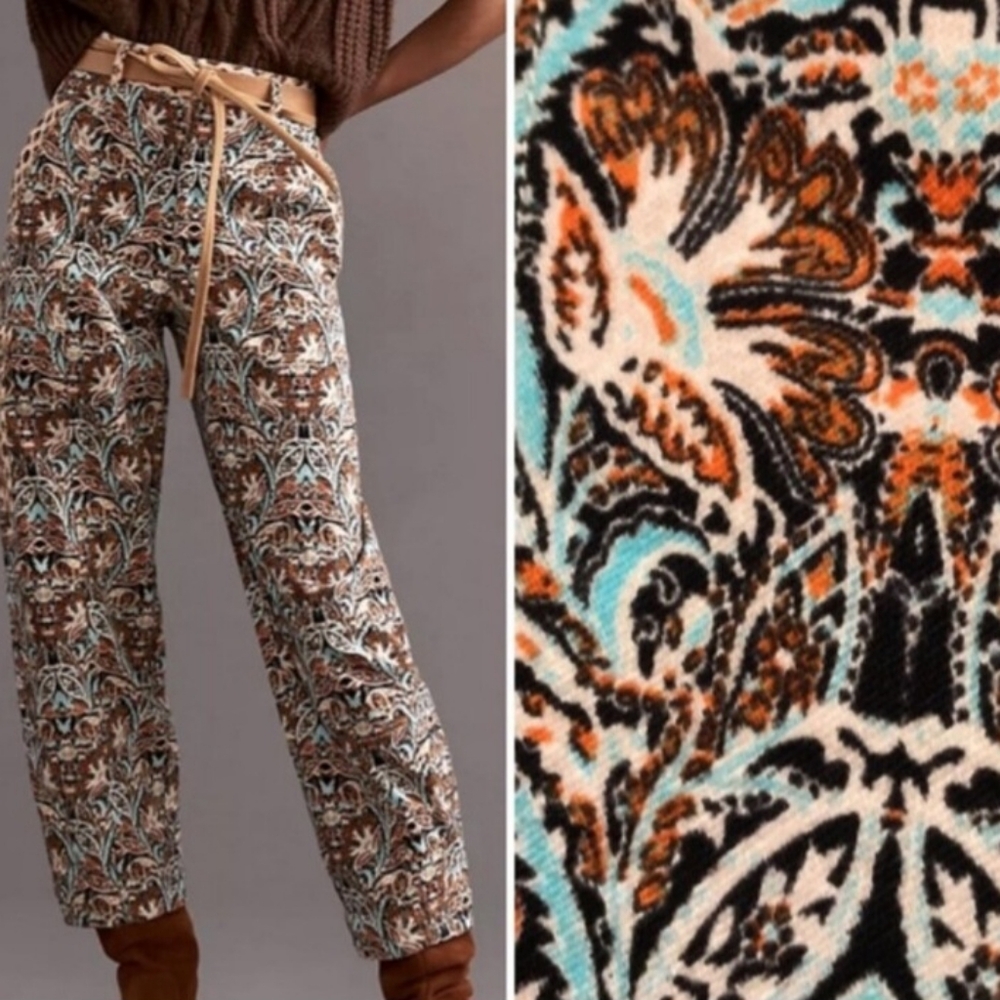 Anthropologue Print Velvet Cargo Barrel Leg Pant Size 8